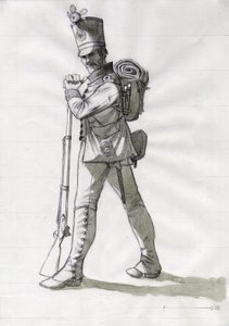 Första imperiet (1804-1814 och 1815): kostym av en infanterisoldat från linjeinfanteriet i den österrikisk-ungerska (österrikisk-ungerska) armén. Teckning av Alessandro Lonati av Alessandro Lonati