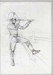 Första imperiet (1804-1814 och 1815): senior soldat från den stora franska Napoleonarmén i observation med lång sikt (långsikt). Oavslutad teckning av Alessandro Lonati. av Alessandro Lonati