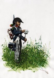 Första imperiet (1804-1814 och 1815): soldat infanterist jägare från den stora franska Napoleonska armén. Teckning av Alessandro Lonati av Alessandro Lonati