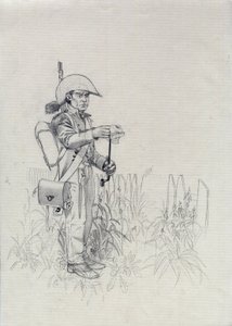 Första imperiet (1804-1814 eller 1815): soldat från Napoleons armé, soldat infanterist jägare (infanterijägare). Teckning av Alessandro Lonati av Alessandro Lonati