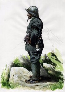 Första världskriget 1914-1918: alpjägareofficer (alpjägare) från den italienska armén på Front des Alpes. Teckning av Alessandro Lonati av Alessandro Lonati