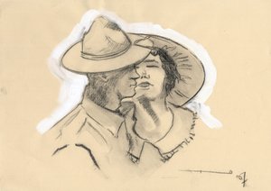 Första världskriget 1914-1918: GI eller GI från den amerikanska armén lämnade sin fästmö för att gå till strid. Teckning av Alessandro Lonati av Alessandro Lonati