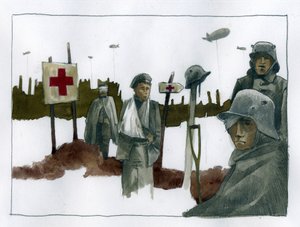 Första världskriget: Gules-cases och krigsskadade vid Röda Korsets räddningspost - 1914-1918 Illustration av Alessandro Lonati av Alessandro Lonati
