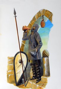 Första korståget: en vilande trana, utrustad med sin nätkappa, dricker karaffen, hans sköld och hans spjut placeras nära honom. Illustration av Alessandro Lonati av Alessandro Lonati