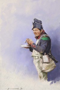 Första imperiet: lätt infanterisoldat under måltid under Napoleon I:s fälttåg (troligen i Ryssland) Början av 1800-talet. Illustration av Alessandro Lonati. 2010 av Alessandro Lonati