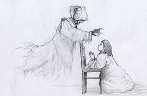 Spöke av en äldre nunna med krokiga händer dyker upp för en liten flicka som ber Illustration av Alessandro Lonati av Alessandro Lonati