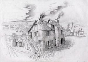 Hus i en by nära en hamn i Frankrike på 1800-talet. av Alessandro Lonati