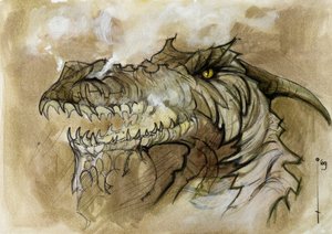 Illustration av ett fantastiskt och legendariskt djur: drakhuvud som avvisar rök genom nospartiet. Färgteckning av Alessandro Lonati. av Alessandro Lonati