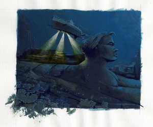 Illustration av myten om ön som försvann under Atlantis hav (Atlantis): en ubåt (ubåt) utforskar bottnarna och upptäcker ruinerna av den legendariska ön. Färgteckning av Alessandro Lonati. av Alessandro Lonati