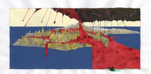 Illustration av myten om att ön försvann under Atlantishavet: utsikt över vulkanens utbrott som kommer att orsaka försvinnandet av den legendariska ön. Färgteckning av Alessandro Lonati. av Alessandro Lonati