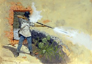 Italiensk kampanj: en österrikisk infanterist som öppnar eld i slaget vid Solferino mellan det österrikisk-ungerska riket Francois-Joseph (Francois Joseph) I av Österrike och den fransk-sardiska koalitionen av Napoleon III och Victor Emmanuel II (Victor-Em av Alessandro Lonati