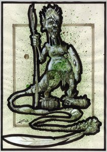 Legendariskt monster för Fantasy-illustration: ansiktet på en stamvarelse eller krigare med spjut, sköld och fjädersvans. Teckning av Alessandro Lonati av Alessandro Lonati