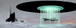 Möte på nordpolen mellan en u-boot-ubåt och ett flygande tefat (ufo, ufo eller utomjording) för att återställa en ubåt som tagits av utomjordingar under kriget. Teckning av Alessandro Lonati