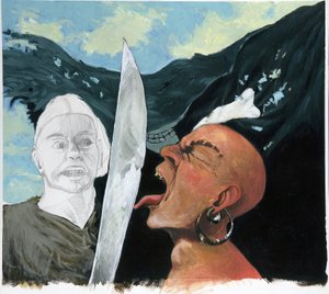 Porträtt av en pirat (privatman) som trotsar sin motståndares svärd genom att röra vid honom med tungan. Längst ner på den jolly roger (skalle). Färgteckning av Alessandro Lonati. av Alessandro Lonati