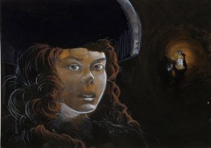 Porträtt av en piratkvinna (privatör) eller sjöman på natten, upplyst av en annan pirats lykta. Färgteckning av Alessandro Lonati. av Alessandro Lonati