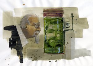 Porträtt av en italiensk kriminolog som tittar på sitt eget huvud bevarat i formalin Illustration av Alessandro Lonati av Alessandro Lonati