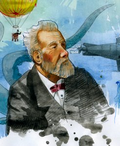 Porträtt av den franske författaren Jules Verne (1828-1905) (Porträtt av den franske författaren Jules Verne) Illustration av Alessandro Lonati av Alessandro Lonati