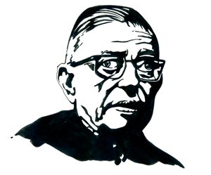 Porträtt av den franske författaren, filosofen och dramatikern Jean-Paul (Jean Paul) Sartre Teckning av Alessandro Lonati