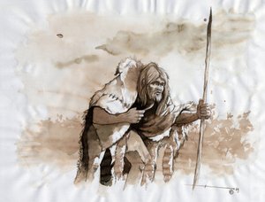 Förhistoria: representation av en neandertal- eller neandertalman i mellanpaleolitikum. Teckning av Alessandro Lonati av Alessandro Lonati