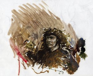 Förhistoria: representation av en neandertalare eller neandertalare under mellersta paleolitikum. Teckning av Alessandro Lonati av Alessandro Lonati