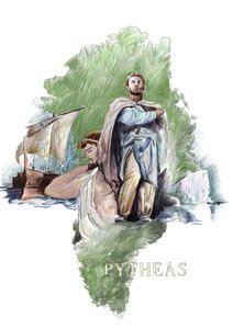 Representation av Pytheas grekisk upptäcktsresande från Massalia, 400-talet f.Kr. (Porträtt av Pytheas av Massalias grekiska geograf och upptäcktsresande, 400-talet f.Kr.) Illustration av Alessandro Lonati av Alessandro Lonati