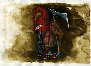Representation av en röd mössa (röd mössa, powrie eller dunter, Red-Bonnet) legendarisk illvillig varelse från trollfamiljen från brittisk folklore - (röd mössa, illvillig mordisk dvärg, troll, elf eller älva som finns i Border Folklore) Illustration av Al av Alessandro Lonati