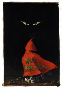 Revisited Little Red Riding Hood av Charles Perrault (1628-1703): Rödluvan vänder sig mot vargens ögon i mörkret med ett hagelgevär gömt under hans röda rock "Wolf Killer"". Teckning av Alessandro Lonati av Alessandro Lonati