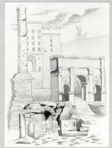 Ruiner av den romerska eran i Rom, Forum (Romerskt forum) Teckning av Alessandro Lonati. av Alessandro Lonati