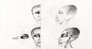Science fiction-illustration (science fiction): studie av ansiktet på en utomjording eller utomjording (utomjordisk eller utomjording) från planeten Mars till erövringen av rymden eller universum. Teckning av Alessandro Lonati av Alessandro Lonati