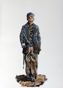 Andra världskriget: en medlem av det italienska motståndet (makis eller gerilla, partisan) (Resistenza Italiana), iklädd kamouflagekostym och vapen med maskingevär. 1943-1945. Illustration av Alessandro Lonati av Alessandro Lonati