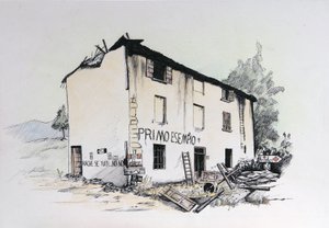 Andra världskriget: vy över ett förstört hus i det ockuperade Italien. Ritning av Alessandro Lonati av Alessandro Lonati