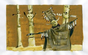 Shamanism: andlig ceremoni centrerad på medlingen mellan människor och naturandar - shaman och hans totem Illustration av Alessandro Lonati av Alessandro Lonati