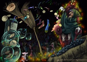 Häxan "befana" är en figur av italiensk folklore, representerad i hennes verkstad när hon gör presenter till barn i uppenbarelsetiden, strumpor fyllda med träkol för olydiga och godis och kakor för de kloka barnen. Teckning av Alessandro Lonati av Alessandro Lonati