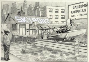 USA, New York: utsikt över havsflygplatsen med ett sjöflygplan som väntar på avkolning på 1950-talet. Teckning av Alessandro Lonati av Alessandro Lonati