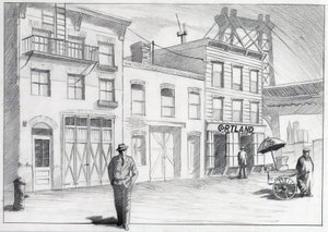 USA, New York: utsikt över en gata från en stadsdel på 1950-talet. Teckning av Alessandro Lonati av Alessandro Lonati