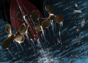 Vy över spiralerna på det transatlantiska linjefartyget Titanic vid tidpunkten för förliset den 14 och 15 april 1912. Illustration av Alesandro Lonati. 2010 av Alessandro Lonati