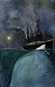Vy över det transatlantiska linjefartyget Titanic vid tidpunkten för förliset den 14 och 15 april 1912, orsakad av kollisionen med ett isberg. Illustration av Alessandro Lonati. 2011 av Alessandro Lonati