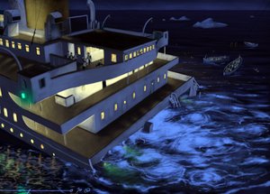Vy över det transatlantiska linjefartyget Titanic vid tidpunkten för förliset den 14 och 15 april 1912. Illustration av Alesandro Lonati. 2010 av Alessandro Lonati