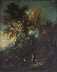 Ett bergslandskap med pastorala figurer av Alessandro Magnasco