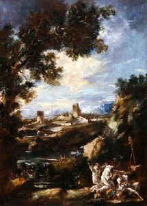 Landskap med karmelitbröder som ber vid en helgedom vid vägkanten, ca 1720 (olja på duk) av Alessandro Magnasco