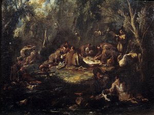 Scen av klosterlivet Munkarnas frukost, ber och läser i en undervegetation. Målning av Alessandro Magnasco av Alessandro Magnasco