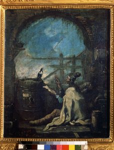 ""En clown som lär en skata"" (En clown som tränar en skata) En cirkusman lär en skata siffror. Målning av Alessandro Magnasco (1667-1749) Pushkin-museet från 1700-talet, Moskva av Alessandro Magnasco