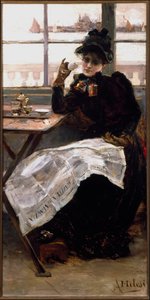 En kvinna i svart läser tidningen och smuttar på en kopp kaffe på en bistro. Målning av Alessandro Milesi (1856-1945) Genes Galleria av Arte Moderna