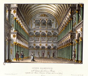 En magnifik plats: storslagen palatshall med valv Scenografi för föreställningen på Teatro Carcano 1829 av operan "Giulietta e Romeo" (Julietta och Romeo) (1796) av Niccolo Antonio Zingarelli efter William Shakespeares verk "Romeo och Julia". Lith