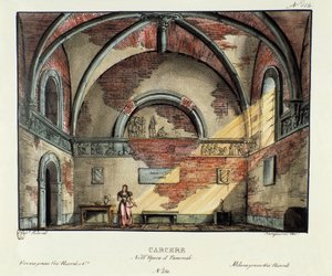 Fängelsecellsscenografi för framförandet i Milano 1829 av operan "Tancredi" "(eller Tancrede) av Gioacchino Rossini (eller Gioachino) (1813) efter Voltaires verk "Tancrede". Litografi i "" Samling av natursköna uppfinningar från 1830 av Alessandro Sanq av Alessandro Sanquirico