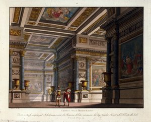Scenografi av Alessandro Sanquirico (1777-1849) för "La Clemence de Tito" av Wolfgang Amadeus Mozart (1756-1791) klättrar till La Scala i Milano 1819 och representerar rummet i Titos kungliga palats