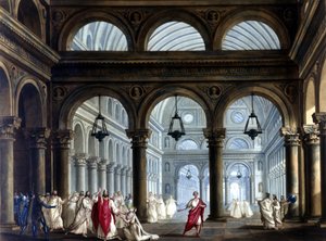 Templet Irminsul i operan "" Norma"" av Vincenzo Bellini (1801 - 1835): Scenografi av Sanquirico för föreställningen på teatern La Scala i Milano 1833.
