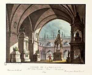 Graven för familjen Capulet (Capuleti) Scenografi för föreställningen på Teatro Carcano 1829 av operan "Giulietta e Romeo" (Julietta och Romeo) (1796) av Niccolo Antonio Zingarelli efter William Shakespeares verk "Romeo och Julia". Lithograp