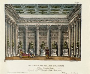 Vestibulen för Senatspalatset (akt I) Scenografi för föreställningen på Teatro alla scala i Milano 1829 av operan "Belägringen av Korinth" (eller L