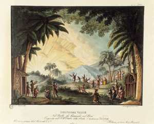 Utsikt över en läcker dal vid tiden för erövringen av den nya världen av den spanska scenografin för baletten "" Gli spagnoli nel Peru"" av den italienske koreografen Giovanni Galzerani (1780-1865) (1828). Litografi i "" Raccolta di invenzioni sceniche d